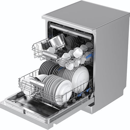غسالة صحون ميديا MDWEF1433D(SS) سعة 14 مكان، تنقية الهواء Ion Dishfresh، فتح تلقائي للباب، ذراع رش Innowash Pro، واي فاي، غسيل ثنائي المناطق، فلتر ABT، رفوف قابلة للتعديل، ستانلس ستيل