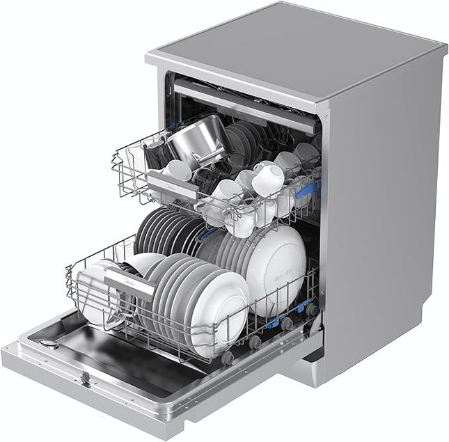 غسالة صحون ميديا MDWEF1433D(SS) سعة 14 مكان، تنقية الهواء Ion Dishfresh، فتح تلقائي للباب، ذراع رش Innowash Pro، واي فاي، غسيل ثنائي المناطق، فلتر ABT، رفوف قابلة للتعديل، ستانلس ستيل