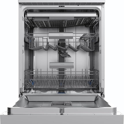 غسالة صحون ميديا MDWEF1433D(SS) سعة 14 مكان، تنقية الهواء Ion Dishfresh، فتح تلقائي للباب، ذراع رش Innowash Pro، واي فاي، غسيل ثنائي المناطق، فلتر ABT، رفوف قابلة للتعديل، ستانلس ستيل