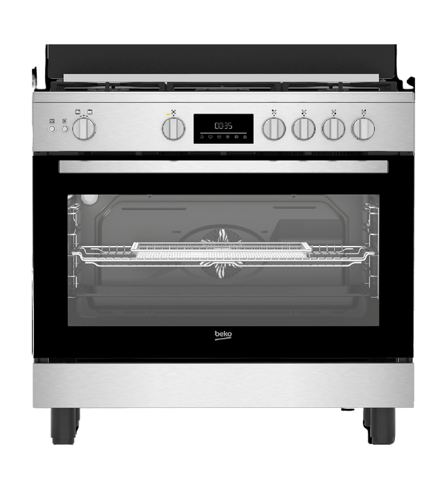 Beko 90cm Gas Cooker, Full Safety Digital Control, 2 Fans, Air Fryer, Cast Iron Grates, BGGR 11228 GXA