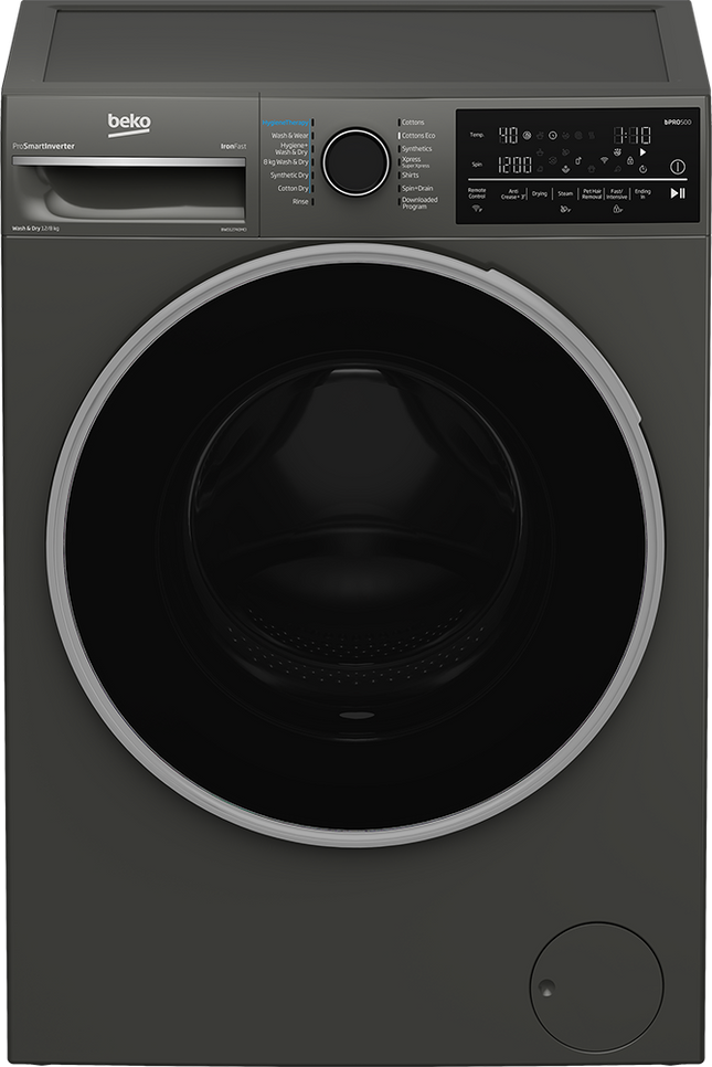 Beko fully automatic washing machine, front loading, 12 kg capacity with 8 kg dryer, 1400 RPM, digital display, inverter technology, gray, BWD12840MCI