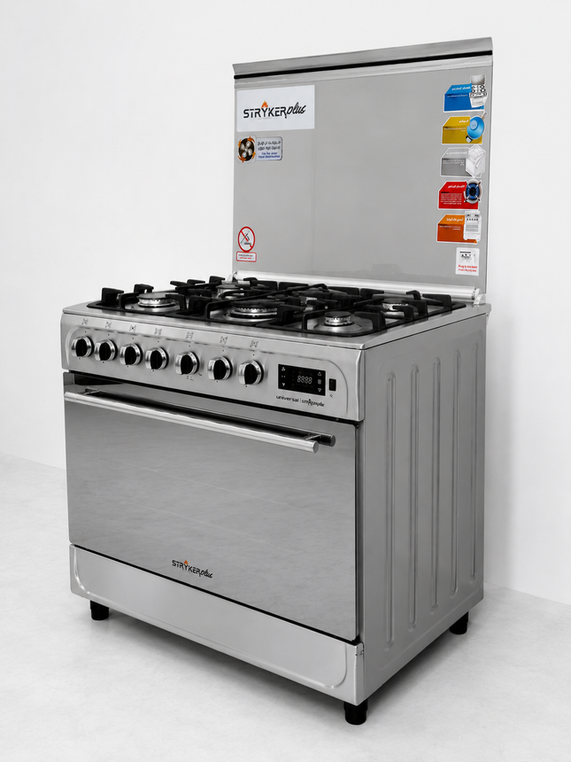 Universal 90×60 Striker Stainless Steel Gas Cooker with Cast Iron Grates, Safety, Smart Fan – Model STR-TP 9605