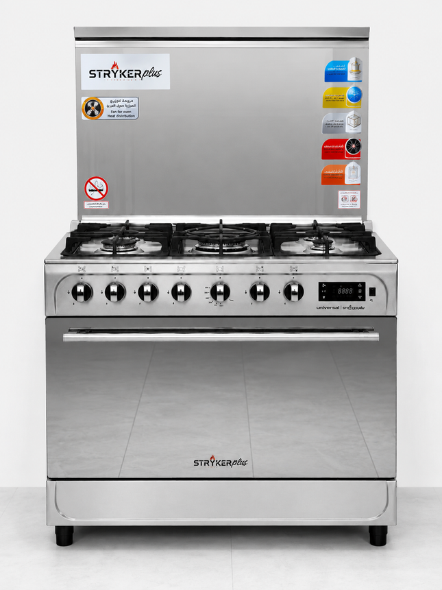Universal 90×60 Striker Stainless Steel Gas Cooker with Cast Iron Grates, Safety, Smart Fan – Model STR-TP 9605