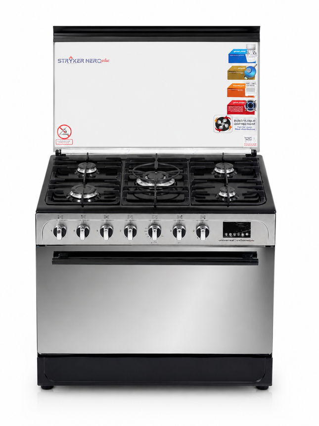 Universal 90×60 Stryker Nero Plus Black Gas Cooker, Cast Iron Grates, Full Safety, Digital Timer, Oven Fan – Model STR-BTS 9605