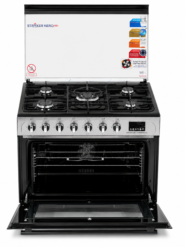 Universal 90×60 Stryker Nero Plus Black Gas Cooker, Cast Iron Grates, Full Safety, Digital Timer, Oven Fan – Model STR-BTS 9605