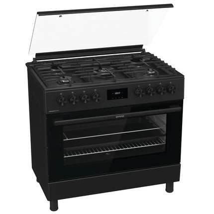 Gorenje Gas Cooker 60 x 90 cm - Gas - 5 Burners - Digital Display - Full Safety Features - Cast Iron - Air Fryer - Fan - Black - GGI9C20B