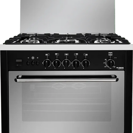 Fresh Professional Gas Cooker, 60x90 cm, 5 Burners, Digital Timer, Full Safety Features, Fan, Black