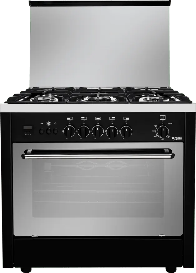 Fresh Professional Gas Cooker, 60x90 cm, 5 Burners, Digital Timer, Full Safety Features, Fan, Black