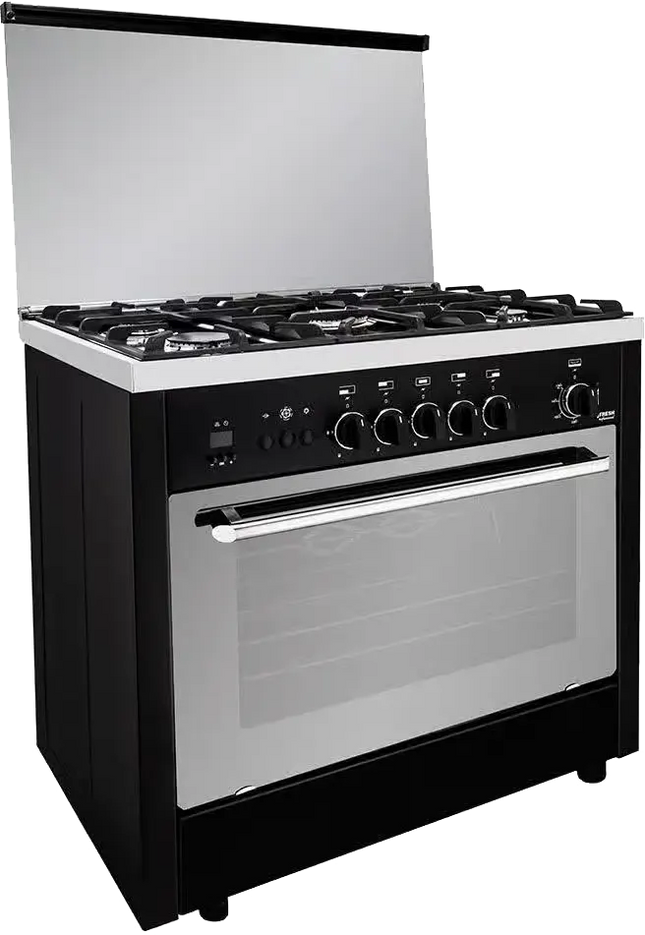 Fresh Professional Gas Cooker, 60x90 cm, 5 Burners, Digital Timer, Full Safety Features, Fan, Black