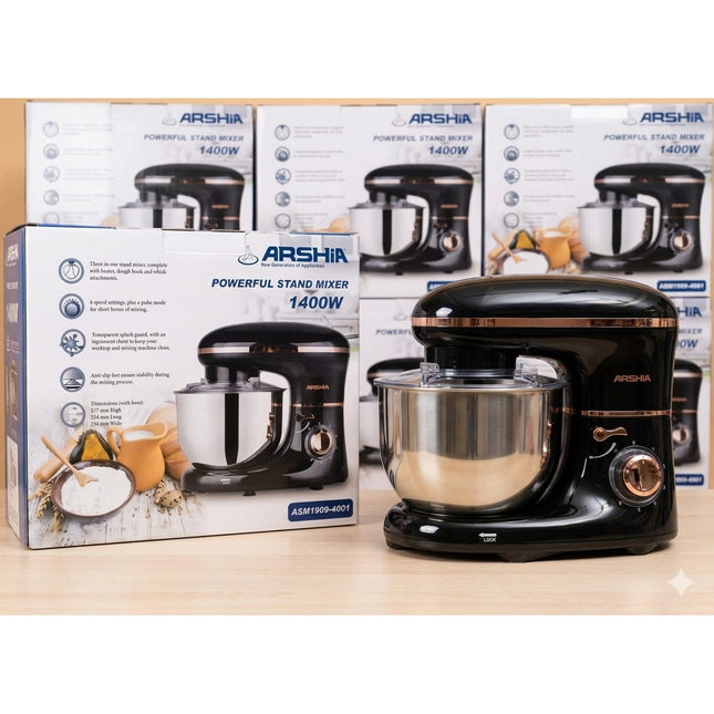 Arshia Electric Stand Mixer 1400W - 6 Speeds with Black and Gold Stainless Steel Bowl