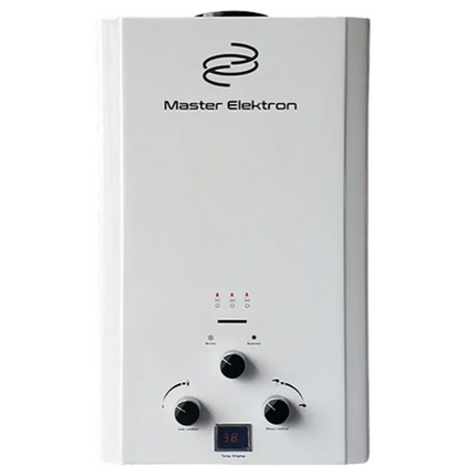 Master Elektron Gas Water Heater - 10 Liters - Gas Cylinder - Digital Display - With Charger - Silver ME-WH10S