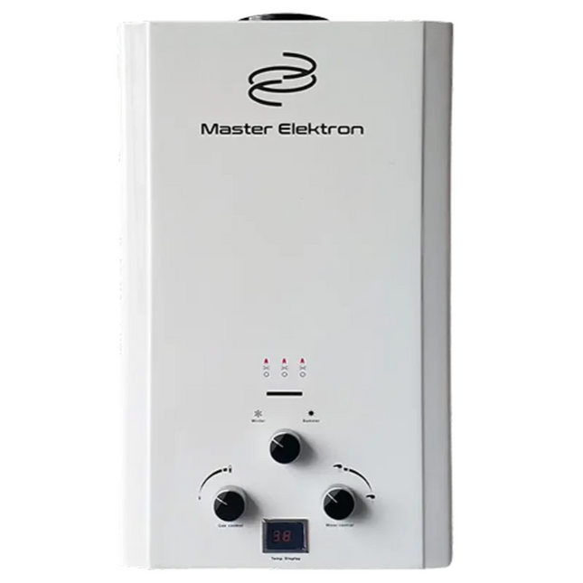 Master Elektron Gas Water Heater - 10 Liters - Gas Cylinder - Digital Display - With Charger - Silver ME-WH10S